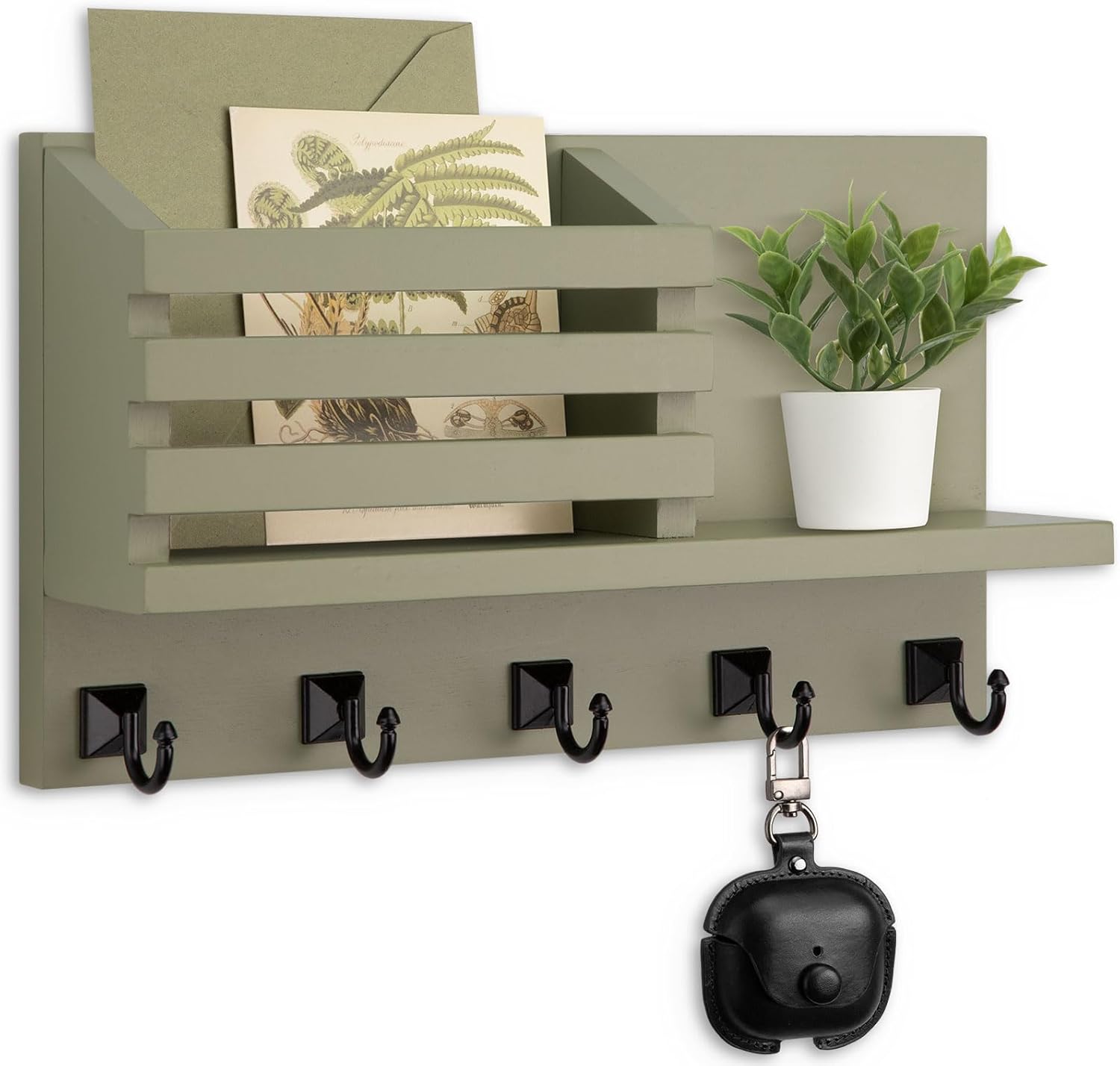 Key Holder Wall Mount, Mail Organizer for Wall with 5 Square Rustic Key Hooks Key Shelf Farmhouse Home Decor for Entryway