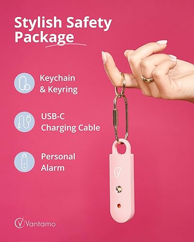Miniatura 5 de Vantamo Alarma personal para autodefensa con aviso de batería baja, luz estroboscópica y extra fuerte de 130 dB doble altavoces, juego de llaveros