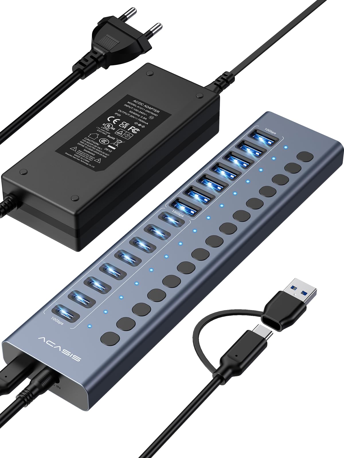 ACASIS - Hub USB 3.2 con 16 puertos USB 3.2 (8 puertos USB-A 3.2 + 8 puertos USB-C 3.2), concentrador USB de aluminio alimentado con adaptador de corriente de 96 W, concentrador USB para PC/portátil