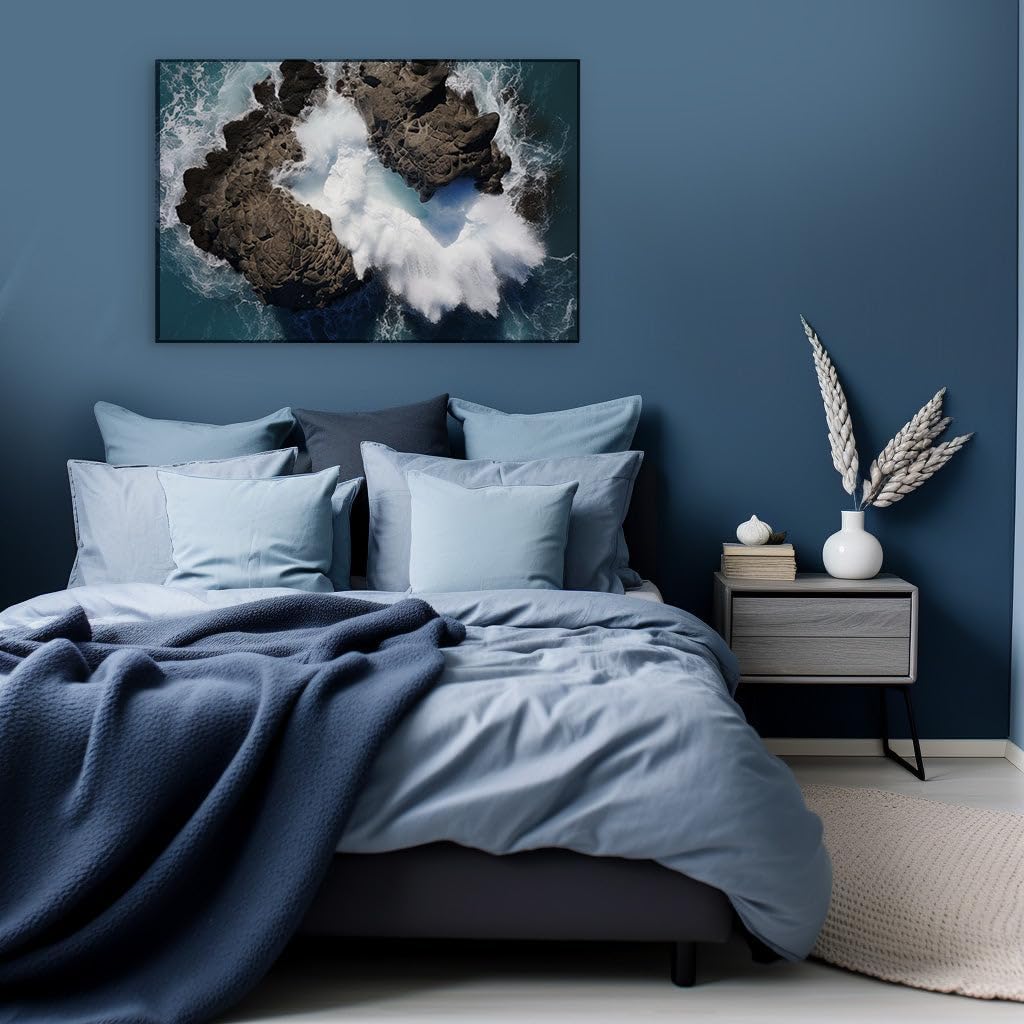 Canvas for Living room. Bull's Head Rock Against the Ocean's Might: A Stunning Aerial Dance of Waves and Stone, 27 x 18 inch Canvas Wall Art - Ready to Hang