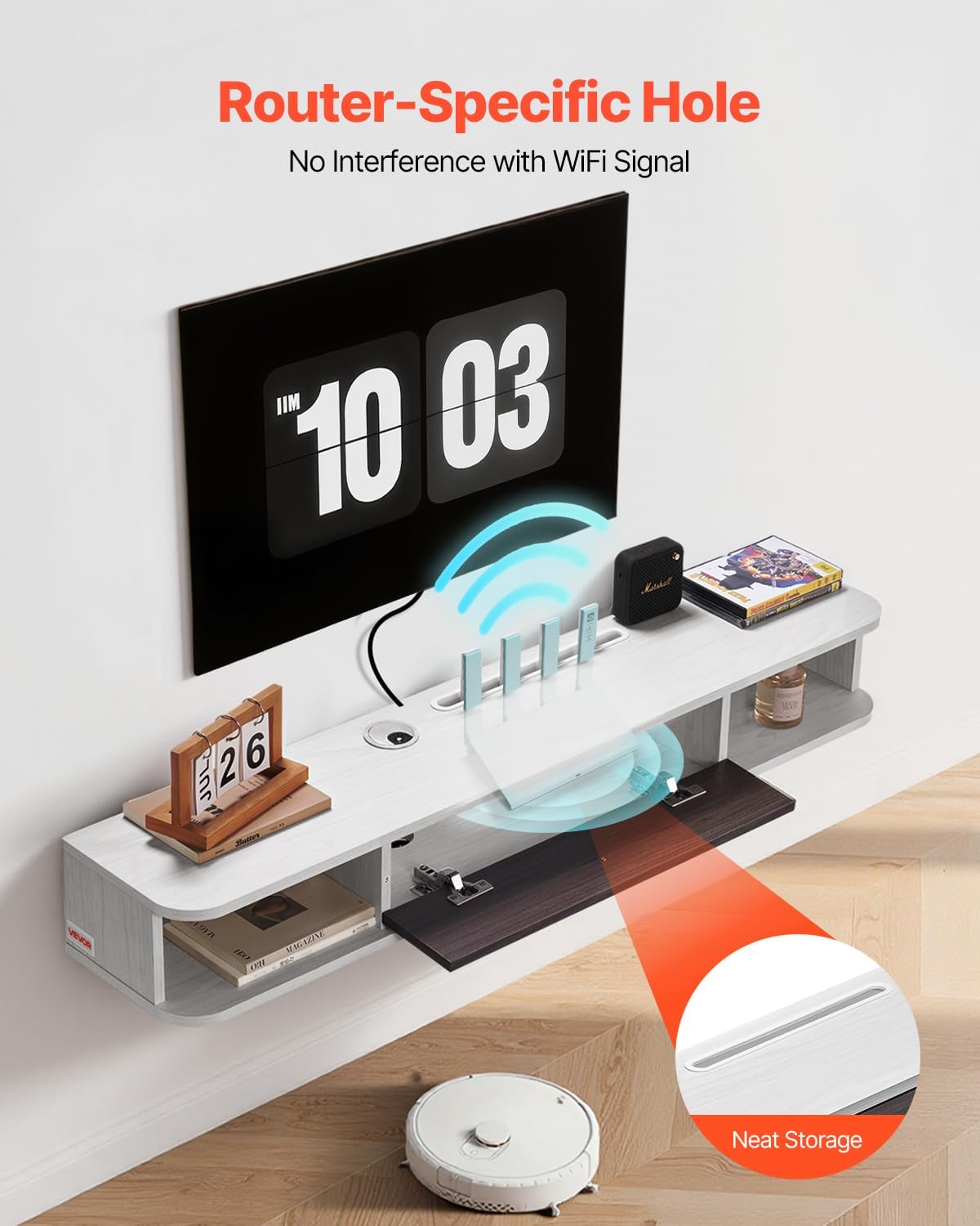 VEVOR Floating TV Stand, 47'' Wall Mounted TV Console Modern Floating Entertainment Center Under TV Shelf with Storage Cabinet, for Bedroom & Living Room, White