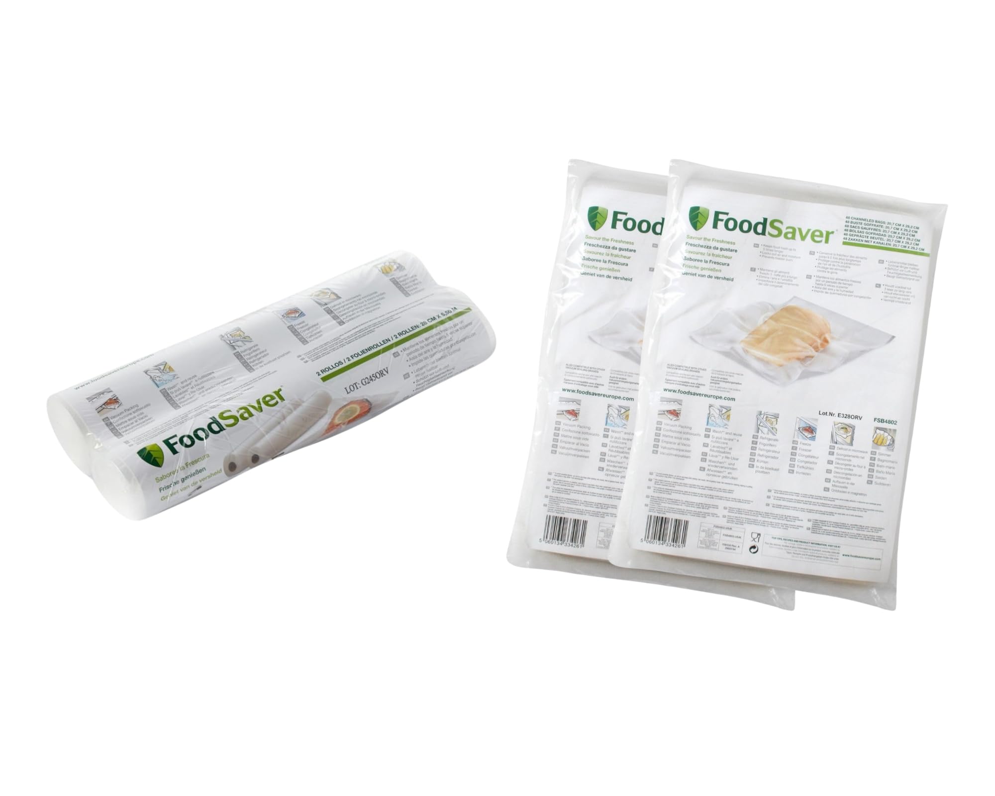 FoodSaver Kit 2 Rotoli Termosigillabili 28 cm x 5.5 m + 2 x 48 Sacchetti 20.3 x 29.2 cm per Macchine Sottovuoto Alimenti, Senza BPA