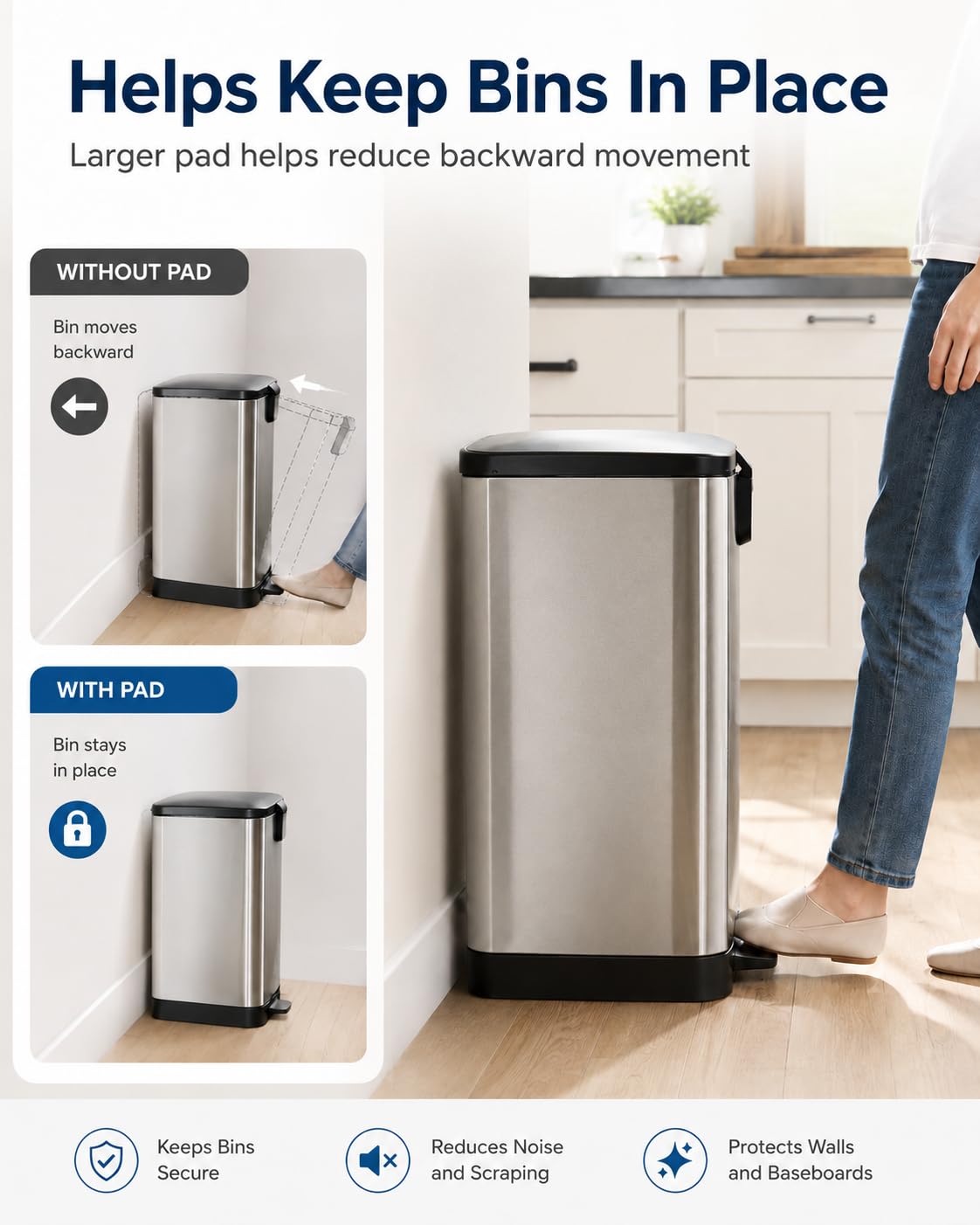 Trash Can Wall Protector Behind Can, Big Clear Floor Bumpers, 4 Pack, 2.76 * 2.76 inch Clear Pads; Peel-and-Stick Floor Setup; for Round, Square, Rectangular, Oval Bins