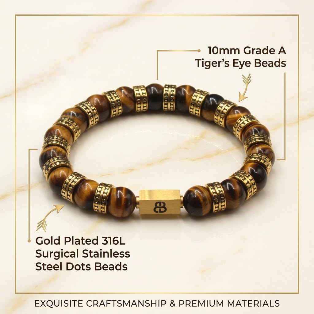 Kartini Studio Men's Tiger's Eye Bracelet with Gold Plated Beads, Man's Bead Jewelry, Gift for Man
