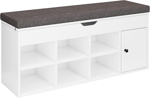 HOCSOK Shoe Bench, Shoe Shelf, Shoe Rack, Storage Cabinet, 10 Compartments, with Cushion, for Entryway, 106 x 30 x 48 cm, White