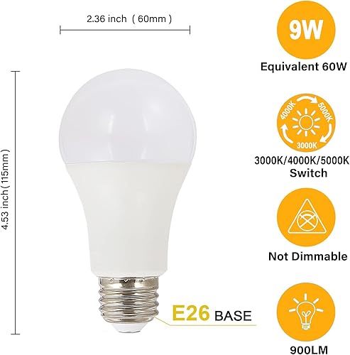 Miniatura 2 de BoostArea Bombillas LED A19, bombillas LED equivalentes a 60 W, luz diurna de 5000 K4000 K3000 K, 900 lúmenes, base E26, no regulable, 1 paquete de