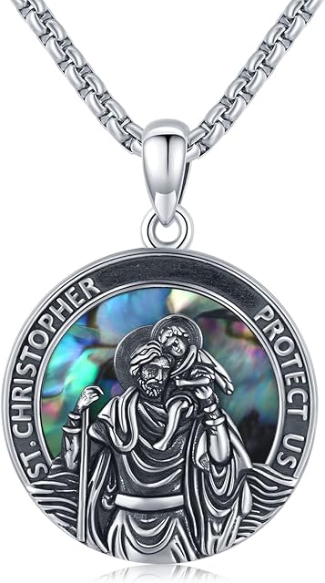 St Christopher Necklace for Men Women 925 Sterling Silver Saint Christophers Medal Pendant Necklace Protection Christian Necklace Religious Jewellery Gifts for Boyfriend Husband Birthday 22" Chain