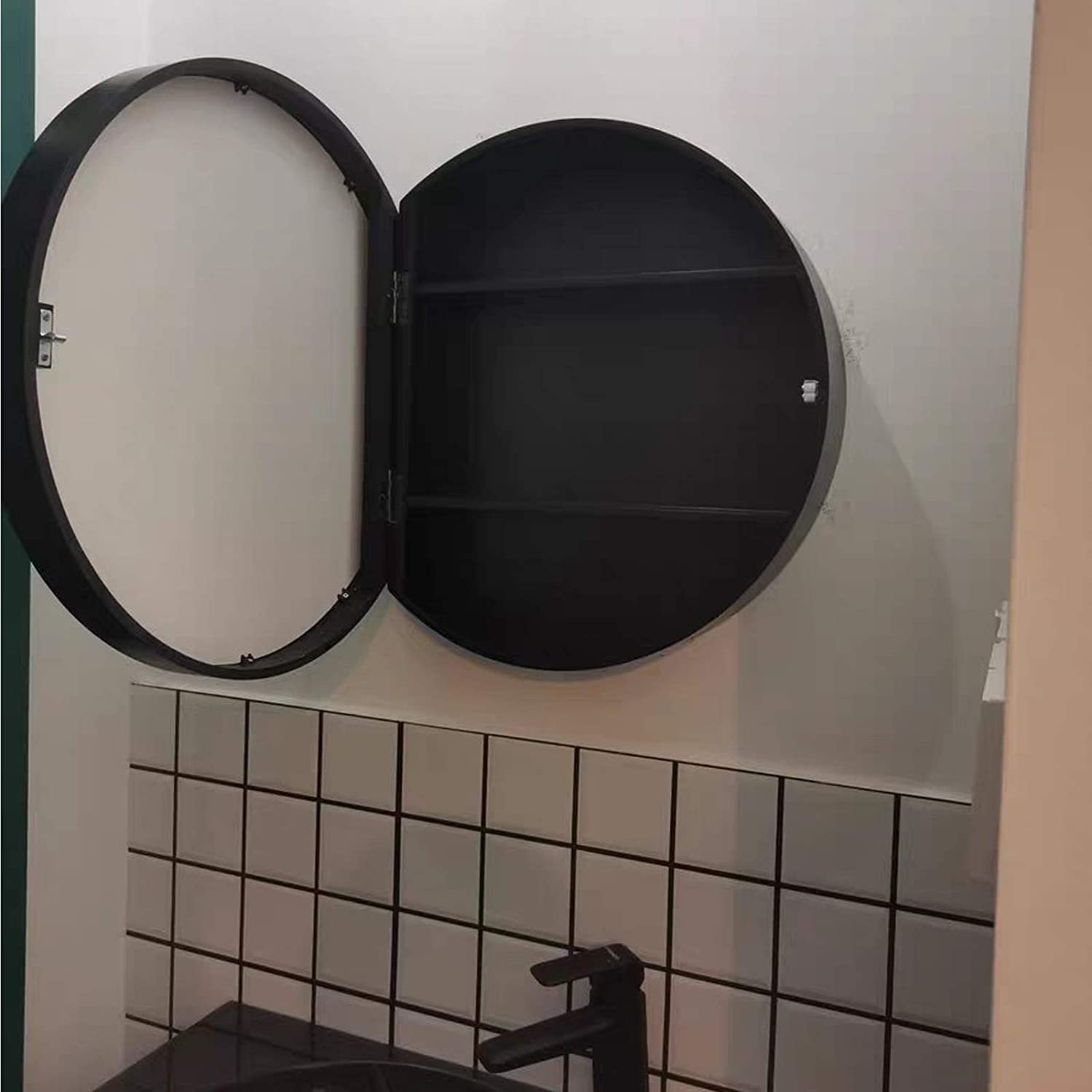 Lustro łazienkowe LED, Szafka łazienkowa z lustrem podświetlanym diodami LED, okrągła ścienna szafka na leki inteligentnym dotykiem, przełącznik oświetlenia szafki łazienkowej(Black Tricolor,50cm)