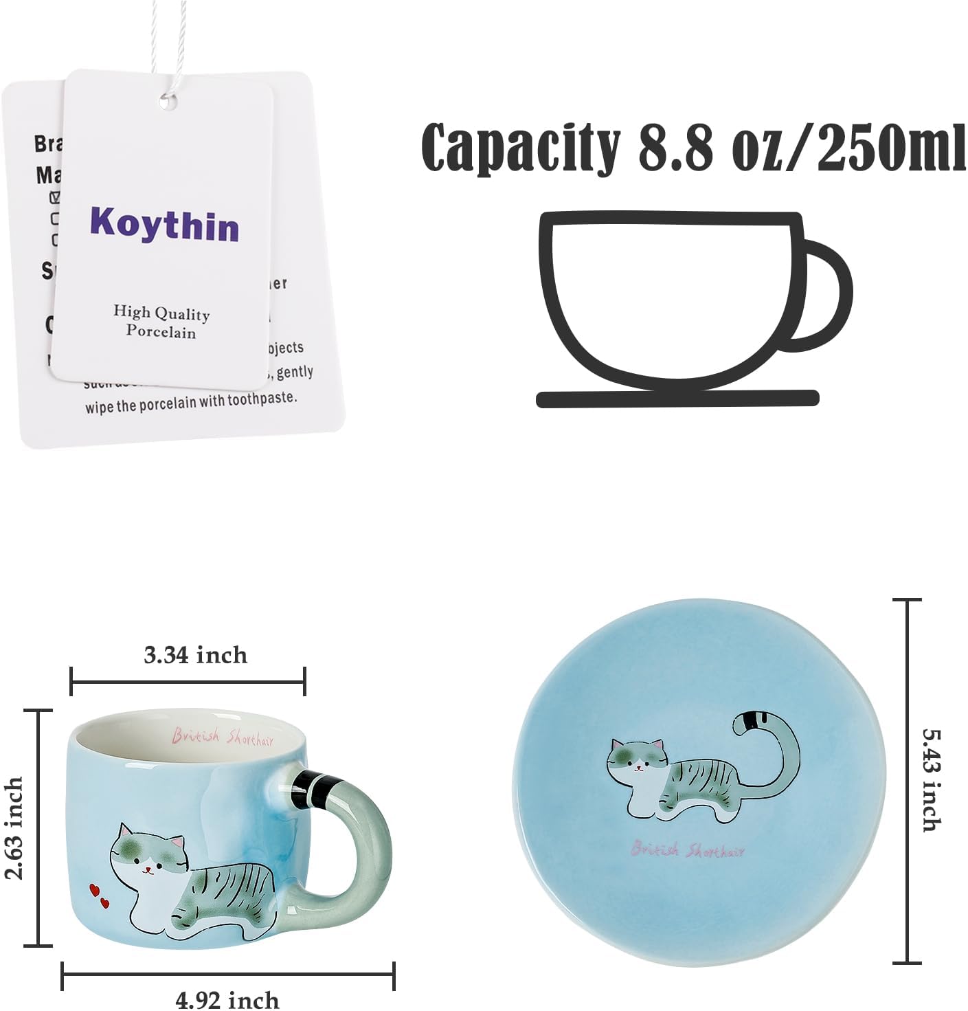 Koythin Blue Tabby Cat Ceramic Mug With Saucer, Holiday Coffee Tea Cup