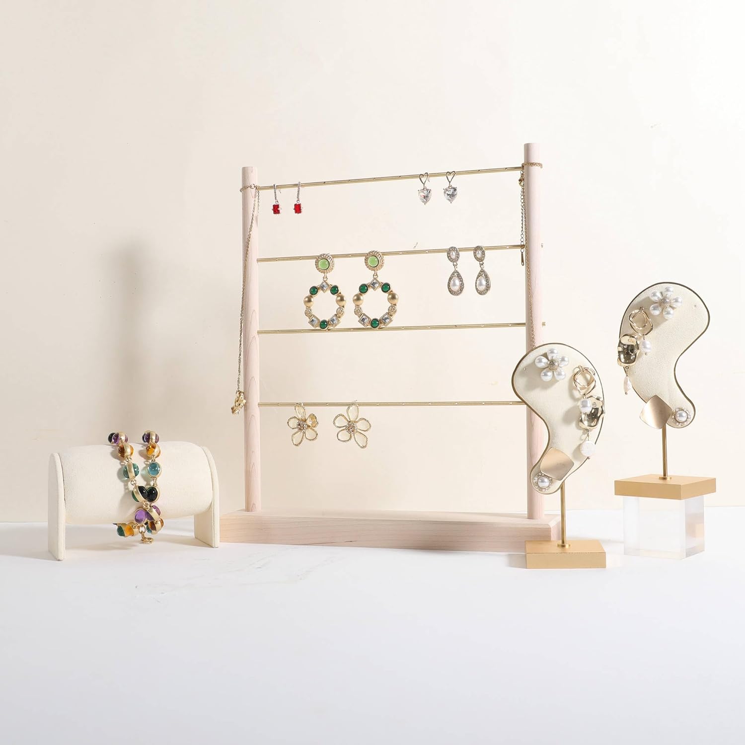 GemeShou maple earrings display stand for selling, wooden jewelry earring organizer shelf, wood earring storage organizer rack for boutique store【Earring shelf-Large】