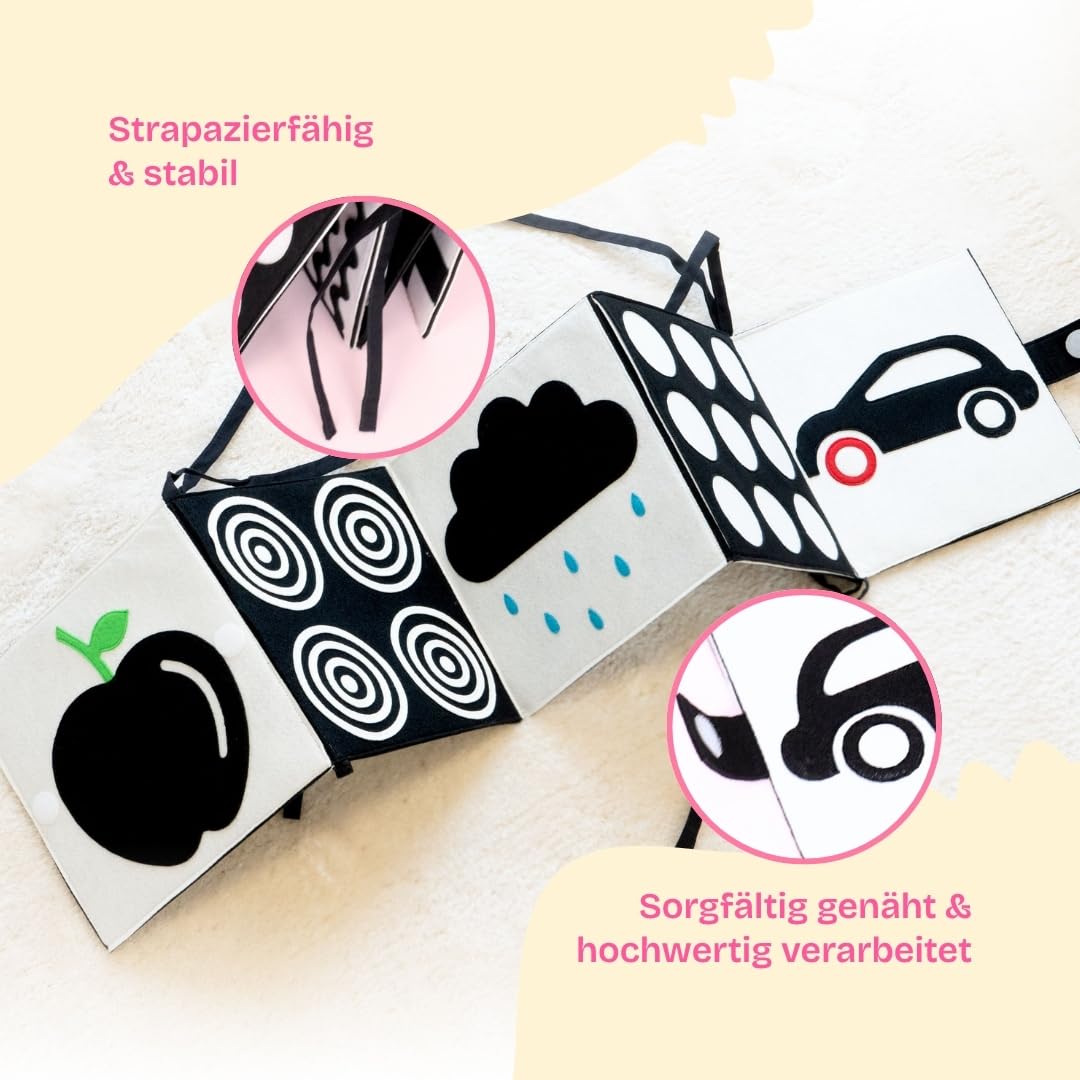Jolly Designs Black & White Jumbo – Kontrastbuch ab Geburt, Schwarz-Weiß-Buch für Babys, 10 Seiten mit starken Kontrasten & Farbakzenten, Stoffbuch für visuelle Wahrnehmung, 20 × 20 cm