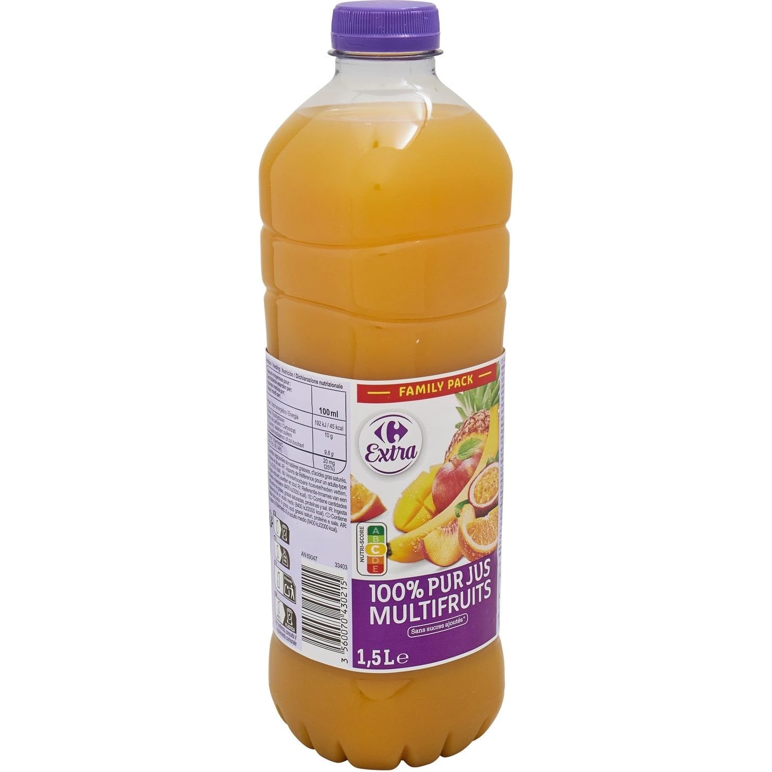 CARREFOUR EXTRA Jus Multifruits 100% Pur Jus - Sans Sucres Ajoutés - Bouteille 1,5L - Mélange de 8 Fruits (Pomme, Orange, Pêche, Banane, Fruits de la Passion, Ananas, Mangue, Abricot) - Lot de 4