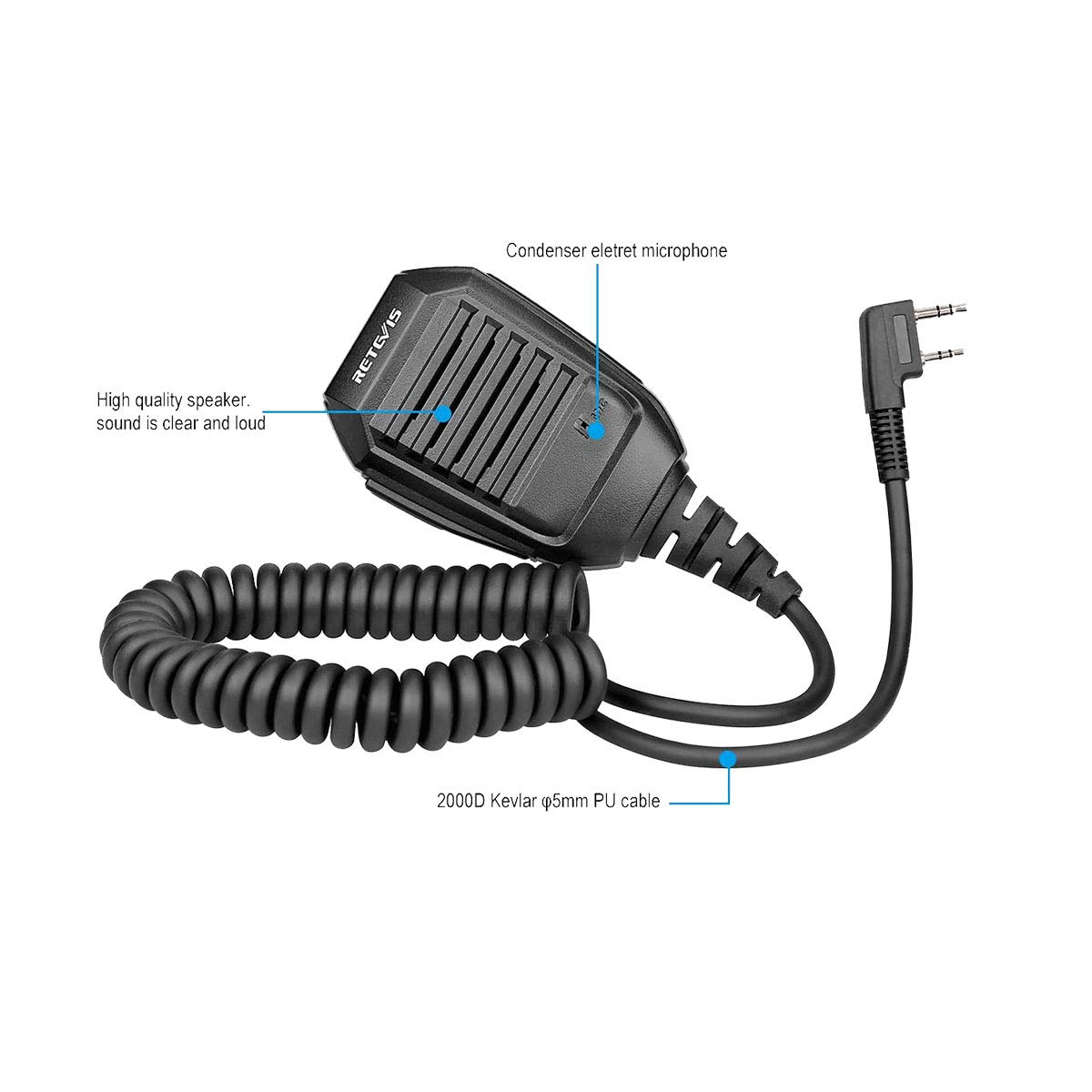 Retevis Talkie Walkie Haut-Parleur Microphone, 2 Pin Éloigné Épaule Microphone Compatible avec BF-888S baofeng uv-5r BF-88E RT24 RT27 RT22 RT28 RT618 RT619 (1 pcs)