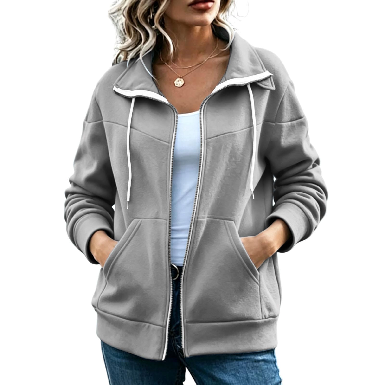 Veste Sweat Femme Zip Intégral Poches Col à Revers Manches Longues uni
