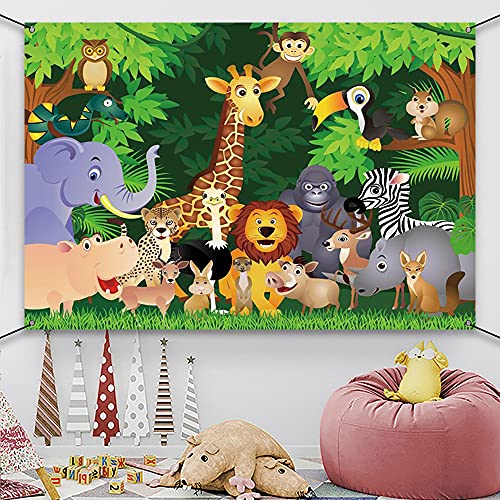 Awert Polyester 6X3.6Ft Cartoon Jungle Animals Banner Jungle Safari Theme Birthday Banner Cartoon Elephant Giraffe Lion Forest Jungle Theme Party Supplies #TOP3
