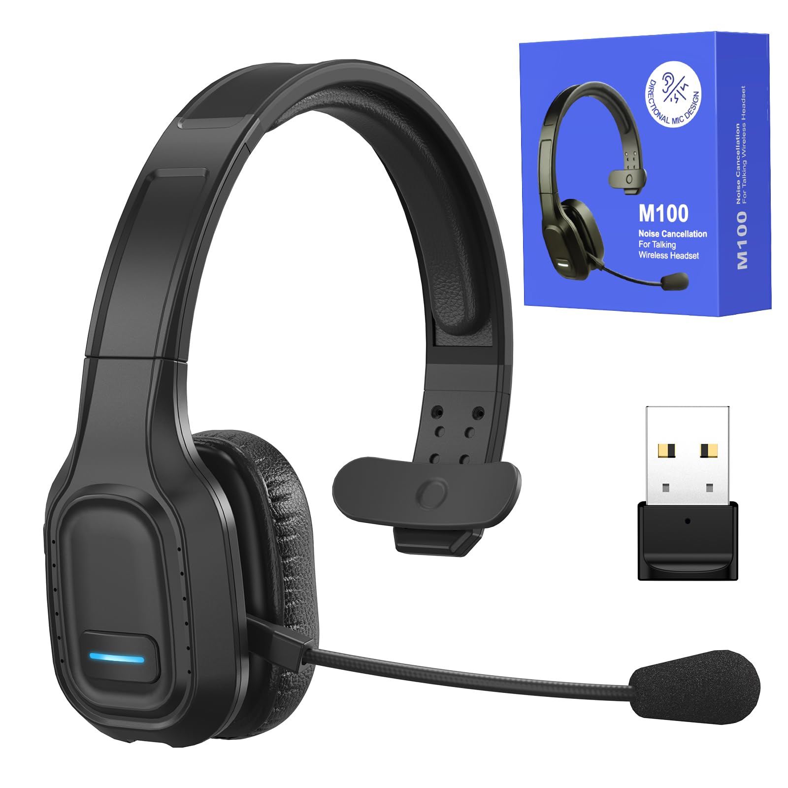 Auricolare Bluetooth per camionisti: cuffie wireless con microfono per telefoni, Skype, Call Center, ufficio (nero, chiavetta USB inclusa)