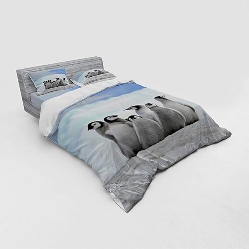 Miniatura 4 de Lunarable Underwater Duvet Cover Set, Young Penguins Arctic Animals Picture Background Snow Pile and Winter Sky, 4 Piece Bedding Set with Shams and