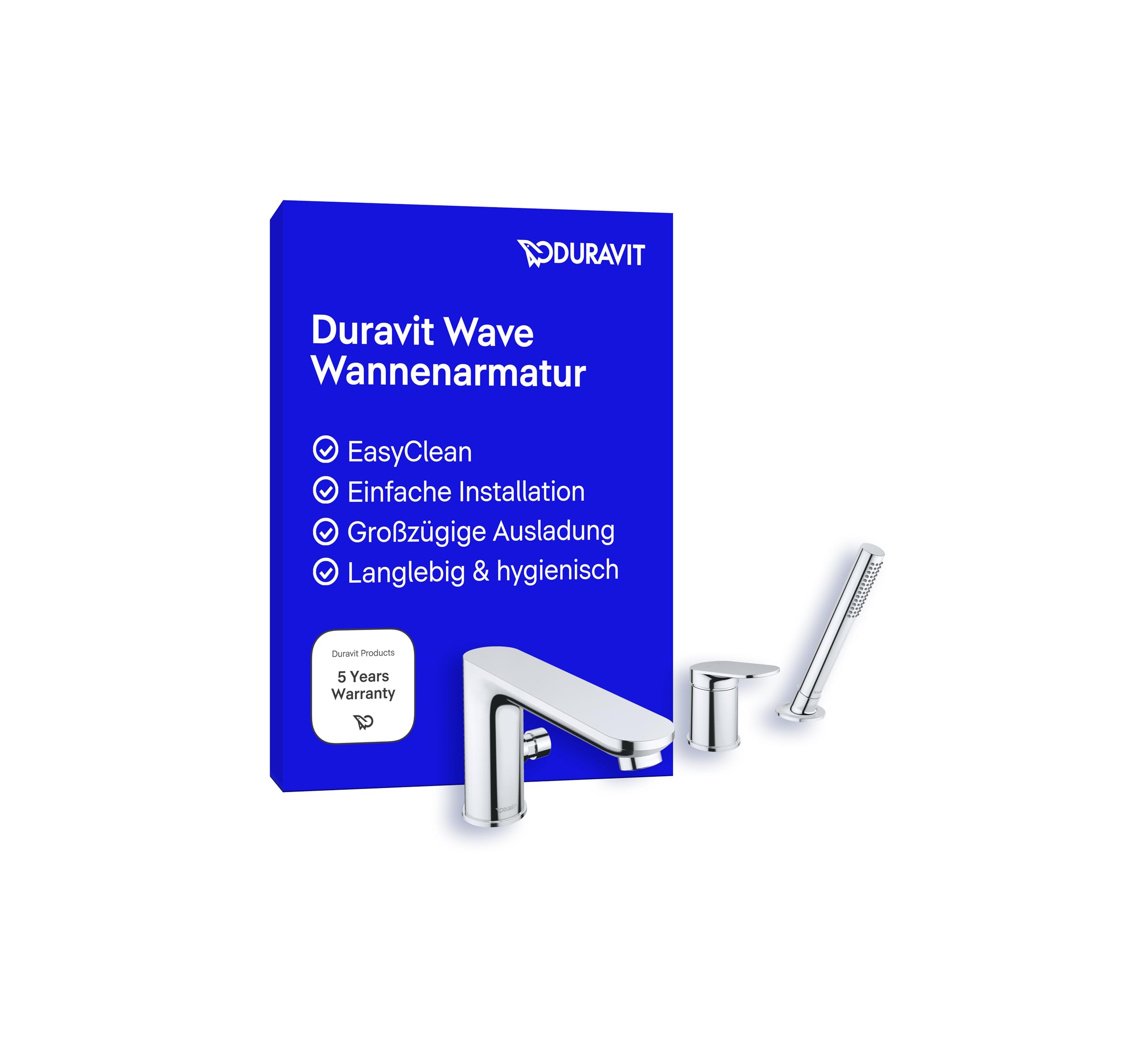 Duravit Wave 3-Loch Wannenarmatur, Einhebel-Wannenmischer mit Keramikmischsystem, Badewannenarmatur, Chrom