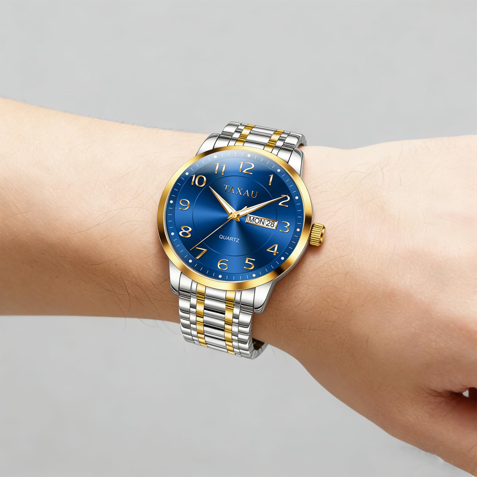 Taxau Klassische Herren Armbanduhr mit Edelstahlarmband, Analoge Quarz Uhr für Herren, 30M Wasserdicht mit Kalender, Elegante Business Uhr für Freizeit und Beruf