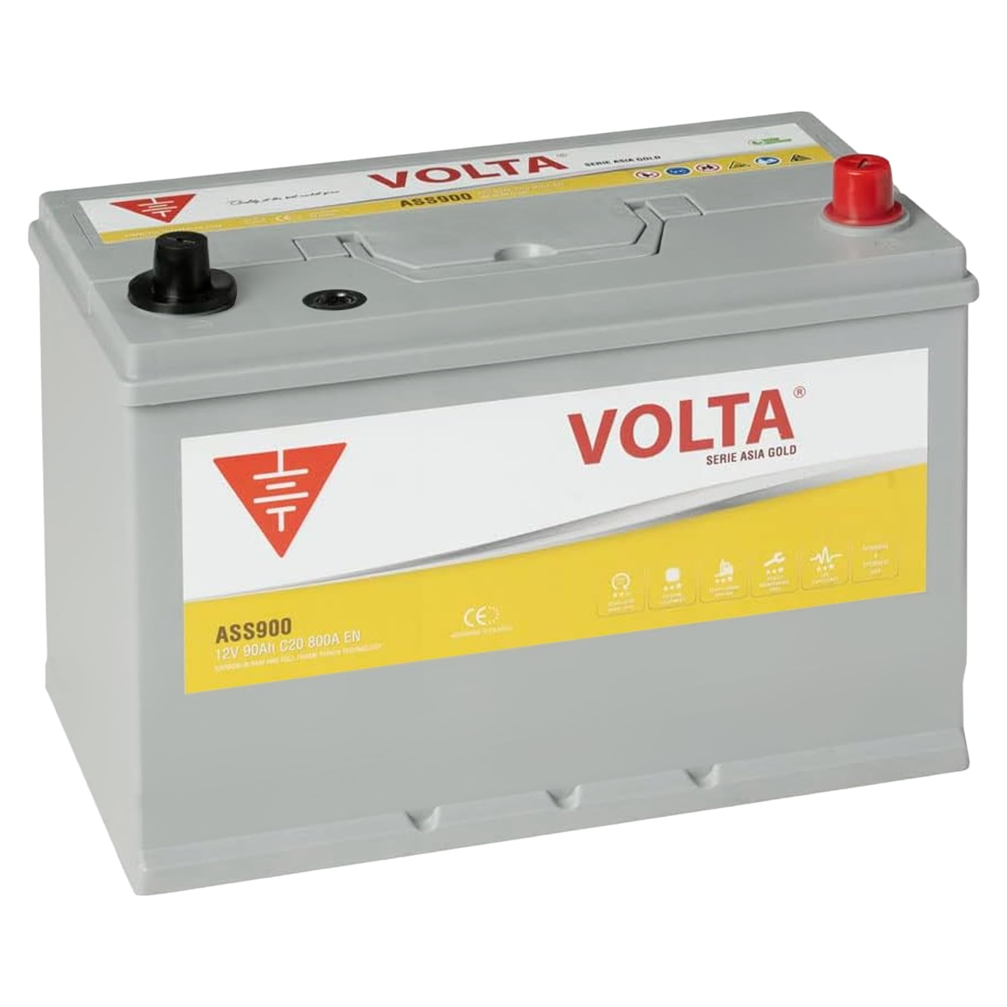 Batería de Coche Start-Stop EFB 90Ah 800 AEN - Volta Gold Asia ASS900D - Sistema Start-Stop - Borne +Derecha - Medidas Largo 306 x Ancho 176 x Alto 225 mm con 2 Años Garantía - Fabricación Europea