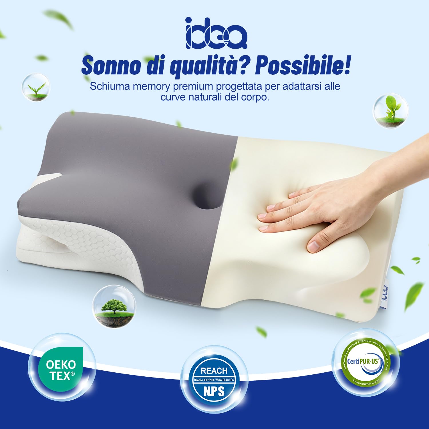 IDEA Cuscino Cervicale, Cuscino Antirussamento Memory Foam, Cuscino Ortopedico Cervicale per Dormire, Cuscini Ergonomico per Migliorare la qualità del sonno, 65x40x11/14 cm