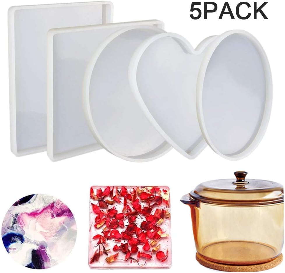 5 Pcs/Set Oversized Resin Molds Transparent Flexible Silicone Large Molds for DIY Craft Home Decoration (Round, Square, Rectangle, Ellipse, Heart Coaster Molds)
