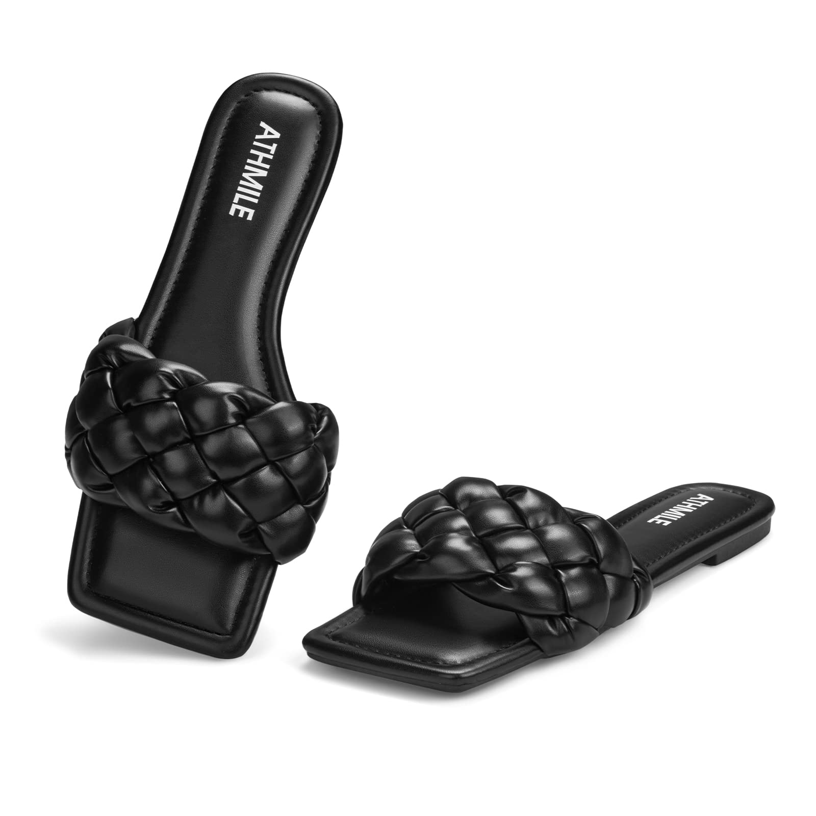 ATHMILEBraided Sandals for Women Square Open Toe Fashion Slide Sandals for Dressy Summer Beach Size 6-11