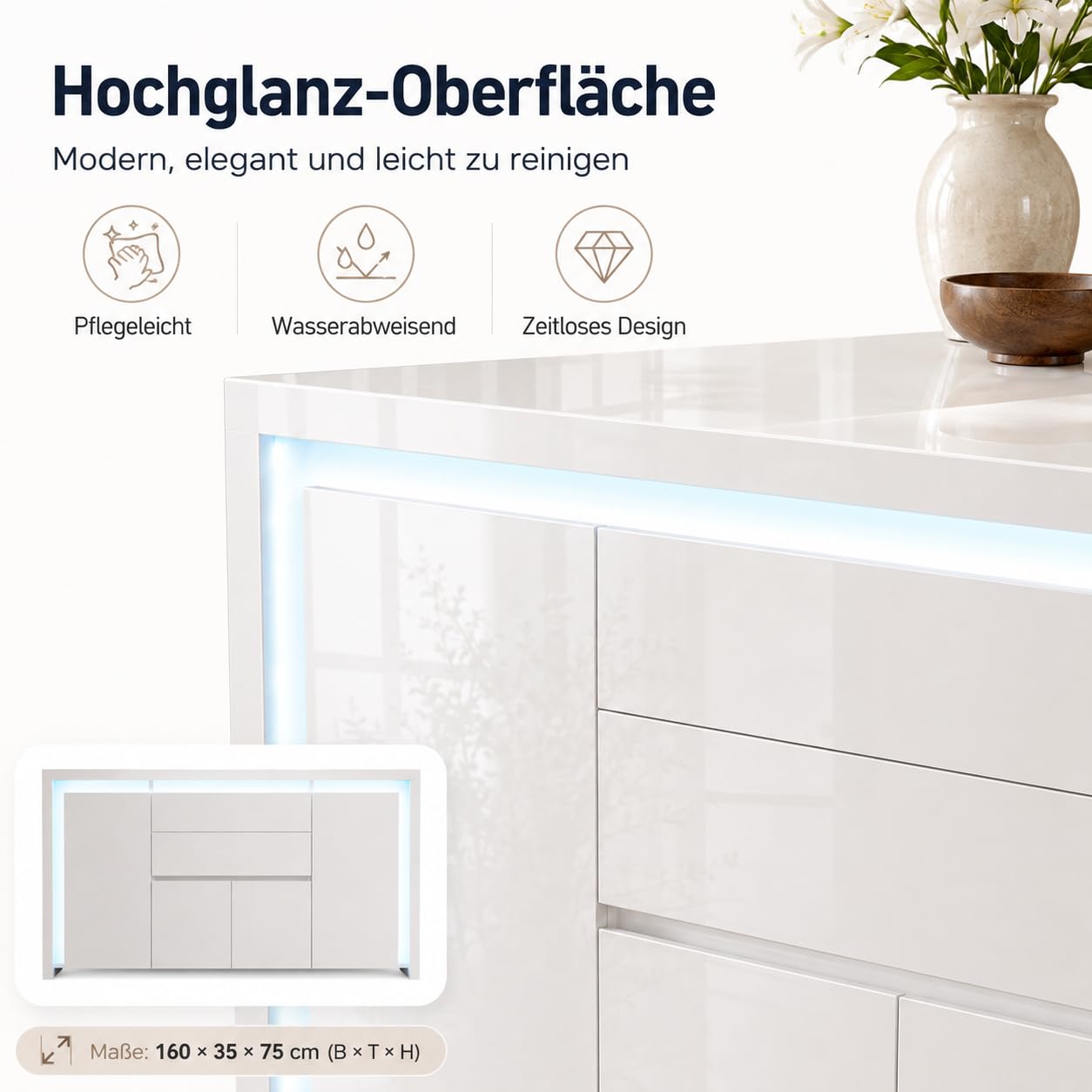 Kommode Weiß Hochglanz Mit LED Beleuchtung, Modernes Sideboard Mit 2 Schubladen Und 4 Schränken, Flurschrank Buffetschrank TV Schrank Wohnzimmerschrank Für Wohnzimmer, Schlafzimmer, Büros, Flur
