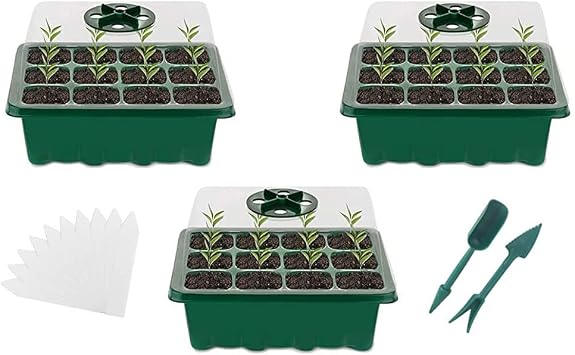 Seed Trays, 3 Pack 36 Cells Propagator Growing Thicken Seedling Starter Growing Trays with Lids, Germination Tray Kit Plastic for Greenhouse,Garden Green