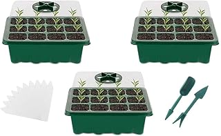 Zimmergewächshaus Anzuchtkasten, 3 Stück Keimschalen mit Deckel, Mini Gewächshaus Anzucht Set Setzling Starter Tabletts Treibhaus Anzuchtschale,mit 2 Gartengeräte, 10 Pflanzentabs Grün