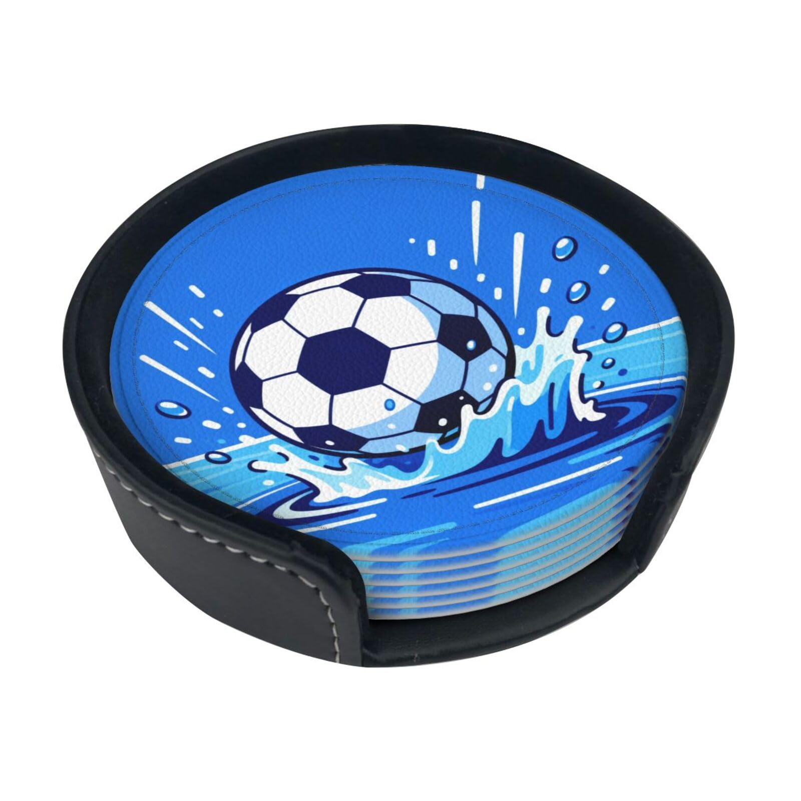 Cntdbu White Ball Water Splash Leather Coasters Set Of 6-Pu Leather Drink Mats For Table, Heat Resistant Round Coasters With Holder
