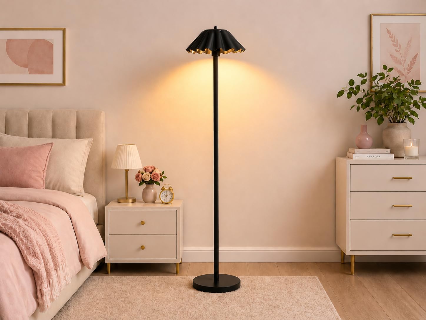 Modern Minimalist Black Floor Lamp for Living Room & Bedroom | 135 cm Tall Standing Lamp | Decorative Scalloped Metal Shade | Sturdy Metal Base | Contemporary Home Décor-picture-20