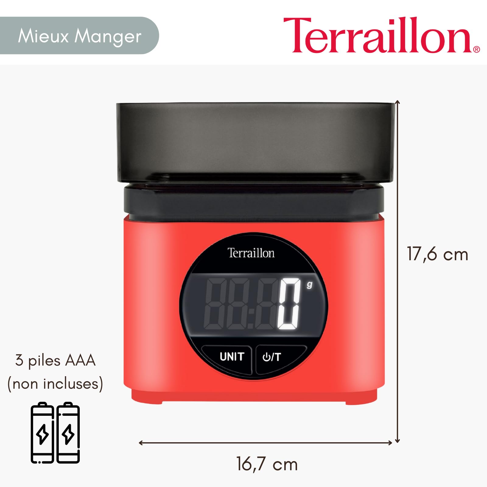 TERRAILLON BA22 MYTHIQUE - Báscula electrónica de cocina, diseño icónico y retro, cuenco integrado 0,7 L, pantalla LCD grande, pantalla XXL de dígitos, función Tare, rojo