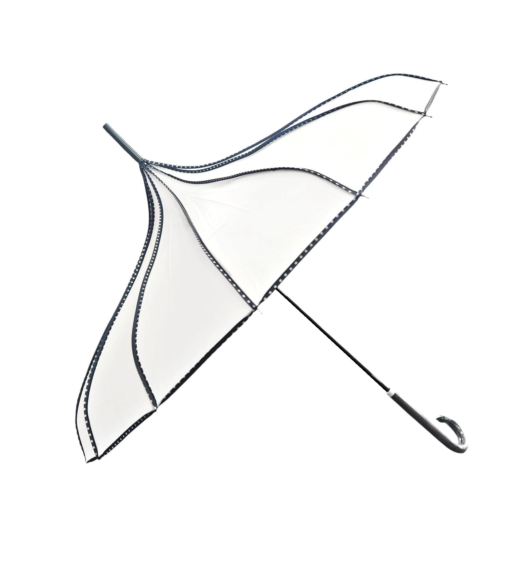 Superbia Pagoda Stick Umbrella Parasol With Polka Dots Trim Sun Rain Wedding Event (White)