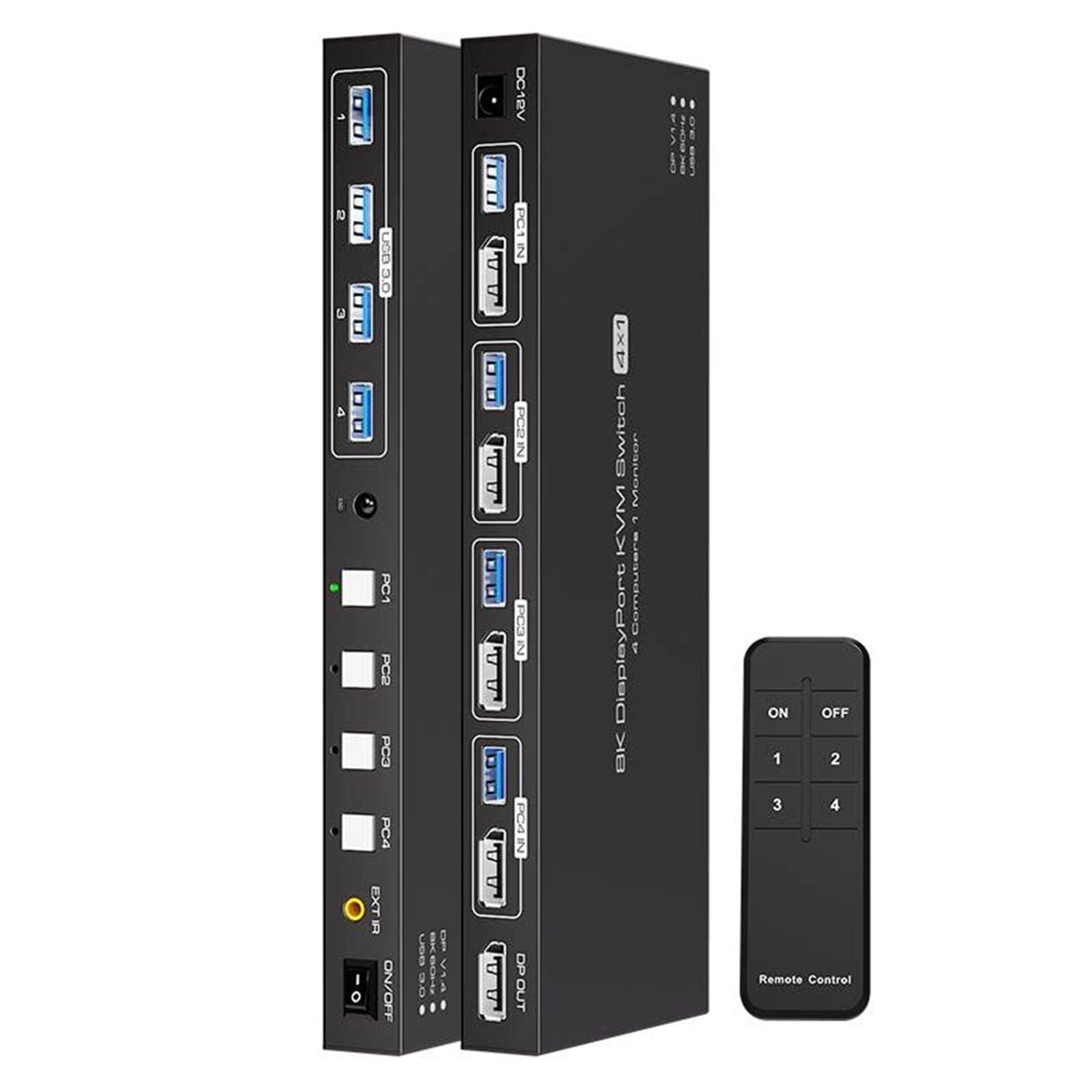 4-portowy przełącznik KVM z HDMI/DP, 8K 60 Hz, jeden zestaw myszy i klawiatury do sterowania czterema komputerami hosta współdzielonymi jednym monitorem; urządzenie do udostępniania drukarki