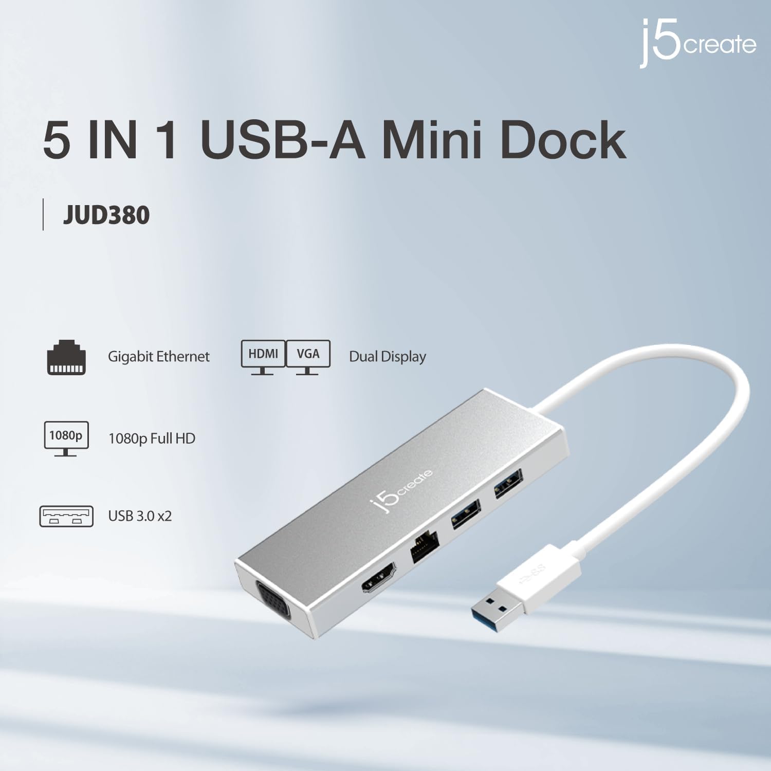 j5create USB 3.0 Hub with HDMI, VGA, RJ45 Gigabit Ethernet, 2 USB 3.1 Type-A Ports - High Speed Data Transfer Adapter for Mac, Windows, Desktop PC - Supports Up to 2K Resolution (JUD380)