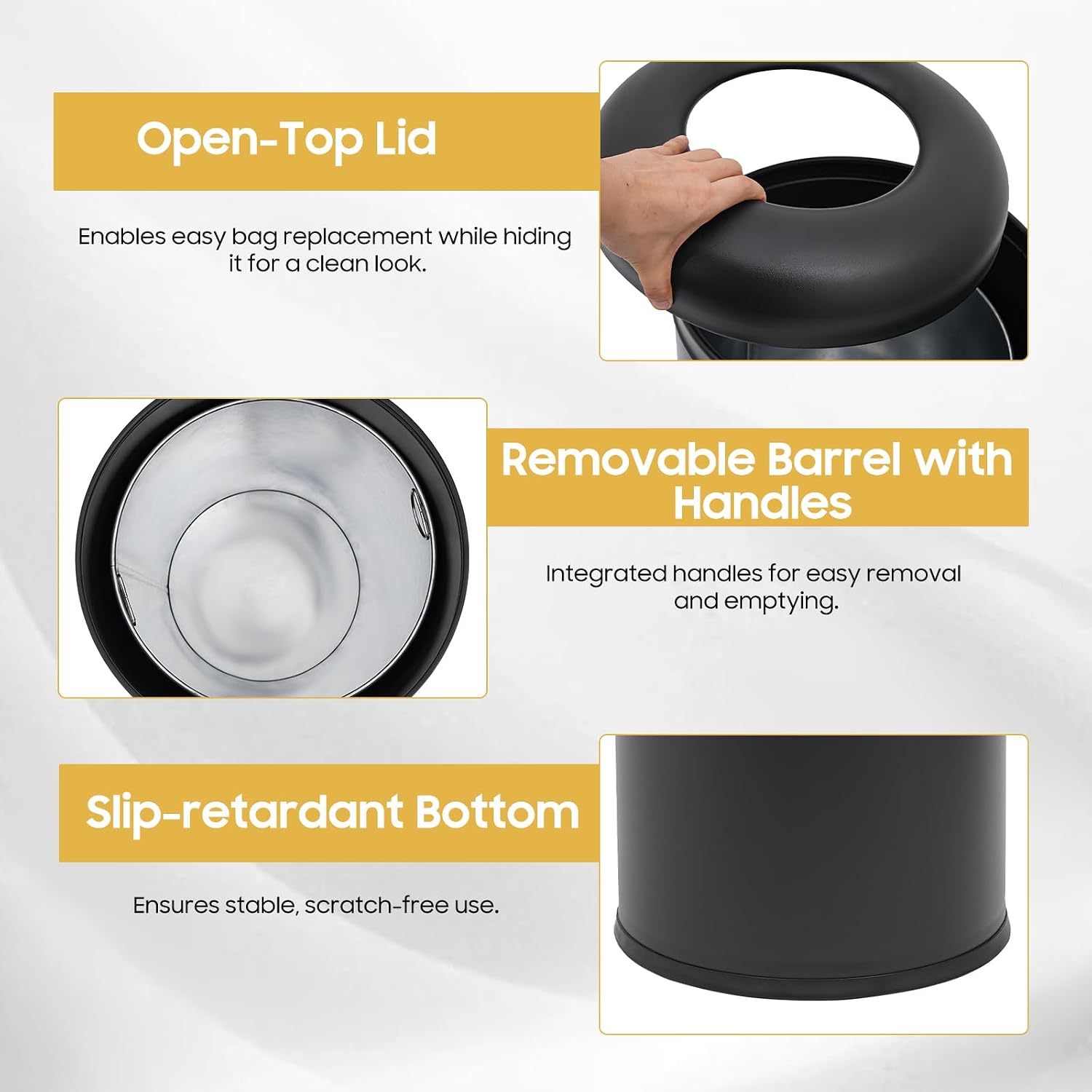 58.6 Liter / 15.48 Gallon Commercial Open Top Trash Can White Stainless Steel Trash Can Outdoor Indoor Garbage Enclosure with Lid Inside Barrel (Black)