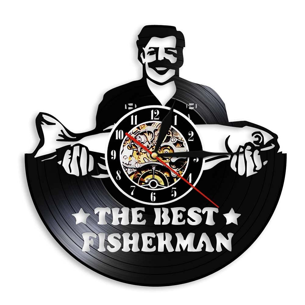 Il miglior pescatore Divertente uomo di pesca Pescatore Orologio da parete Orologio da parete con disco in vinile vintage Regalo per Peterman Papà Amanti della pesca Dia 30cm 7 colori Orologio da pa