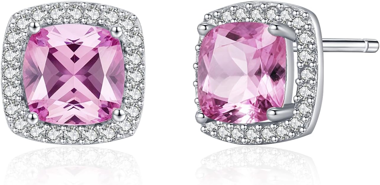 Sterling Silver Pink Cubic Zirconia Stud Earrings - Cushion-Cut Halo Earrings for Women - Elegant Hypoallergenic Jewelry for Weddings, Gifts & Everyday Wear