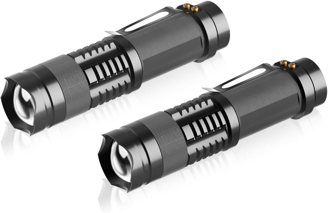 1 Mode Mini Flashlight 2 Pack, Aluminum LED Small Flashlights Zoomable Water-Resistant, EDC Tactical Flash Light for Camping Emergency Gift (Powered by 1x AA Battery, Not Included)