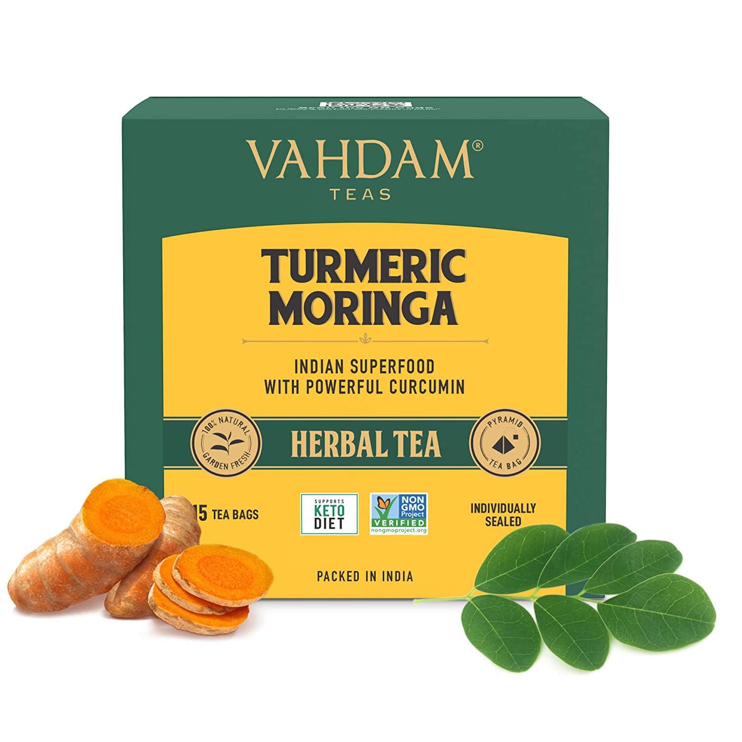 VAHDAM Turmeric + Moringa Tea 15 Moringa Herbal Tea Bags USDA