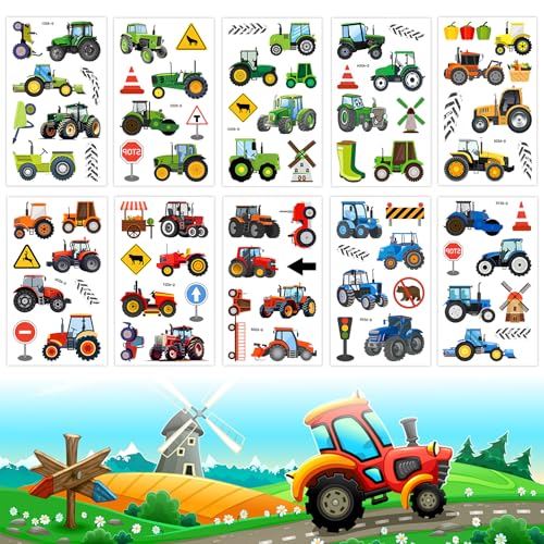 10 Hojas de Tatuajes Temporales de Tractores para Niños, Suministros para Fiestas Temáticas de Granja y Construcción,Favores de Fiesta de Tractores,Decoraciones de Cumpleaños