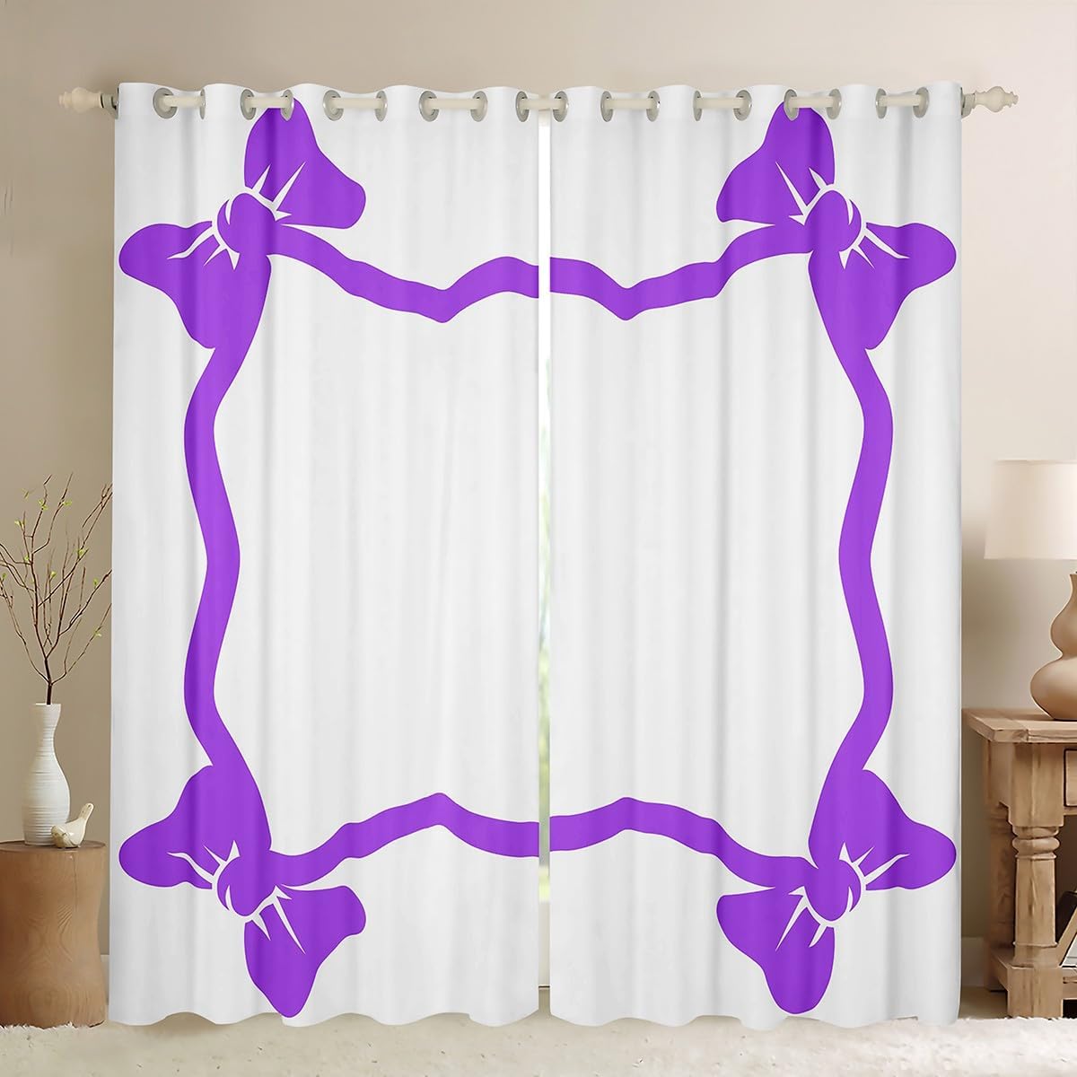 Purple Bowknot Kids Blackout Curtains,Bow Tie Romantic Princess Cute Window Drapes for Girls Women,Geometric Abstract PatchworkWhite Simple Window Treatments Grommet Top 2 Panel Set,52Wx90L inch