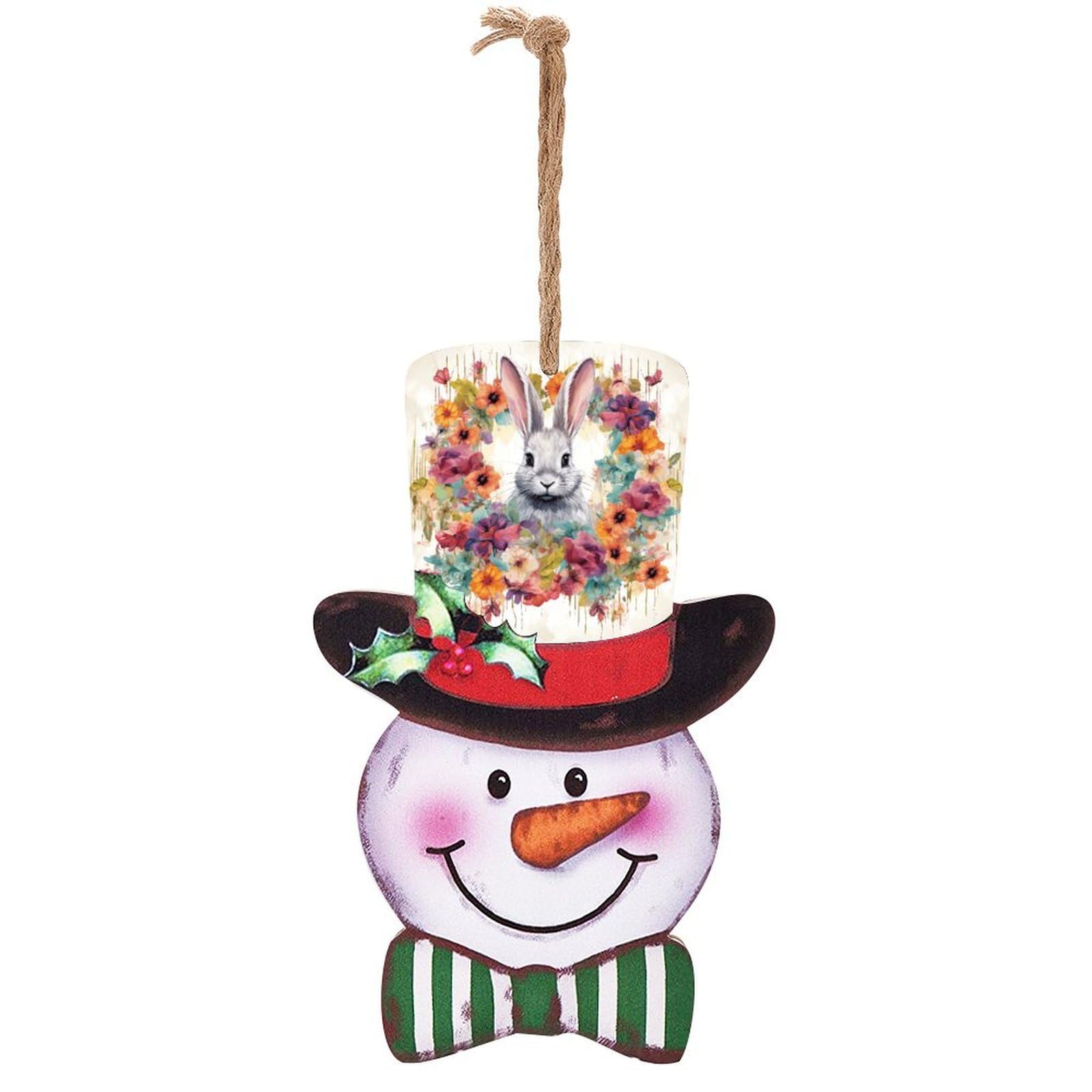 Fleurs et lapin de Noël sur suspension murale en bois noble rustique