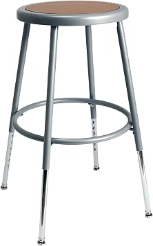 OEF Furnishings OEF6218H-KD Assembly Required Height-Adjustable Commercial Steel Round Stool with Masonite Wood Seat 1927 inch Range, Gray Frame