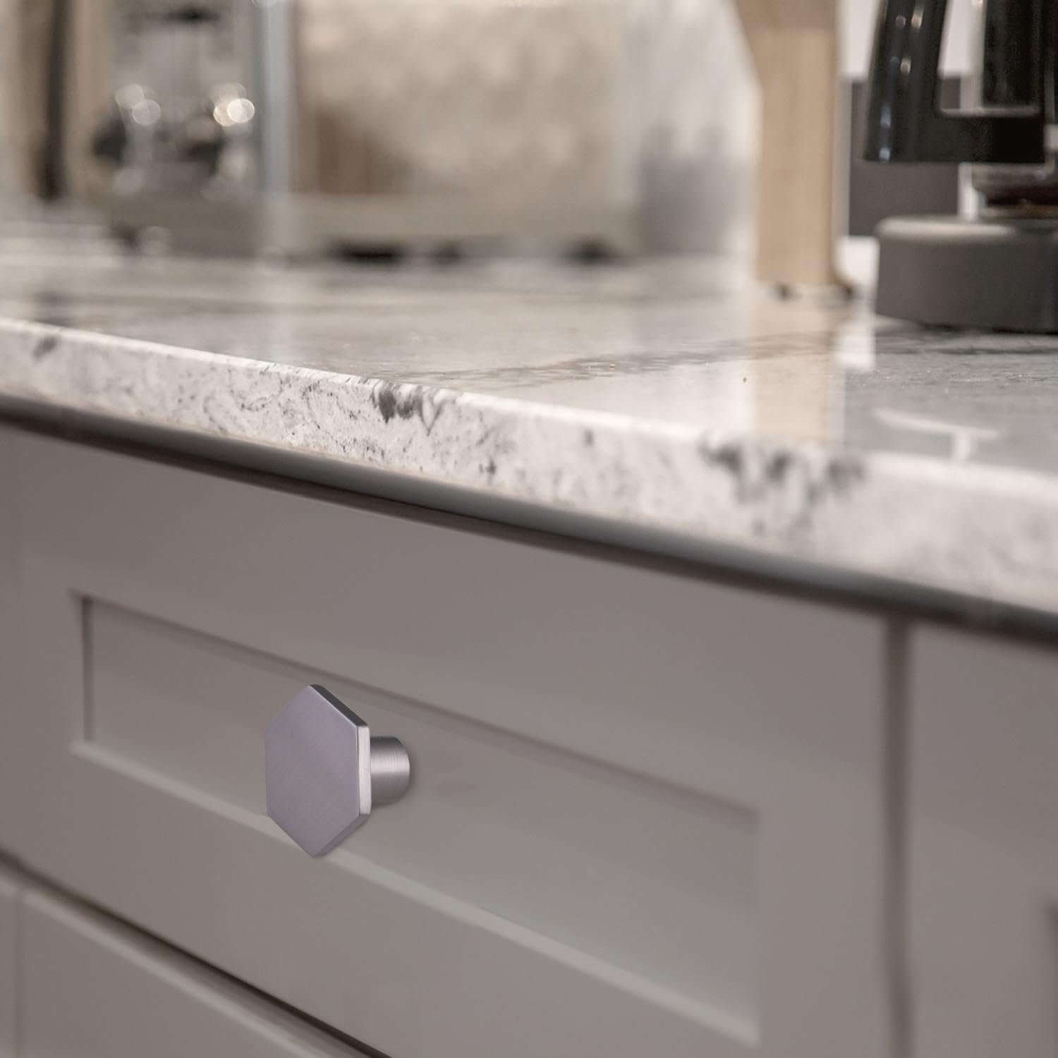 8 Pcs Brushed Nickel Door Knobs - Silver Cabinet Knobs and Drawer Pulls – Hexagon Door Handles for Kitchen Cupboard Dresser Wardrobe, 35 * 26 mm