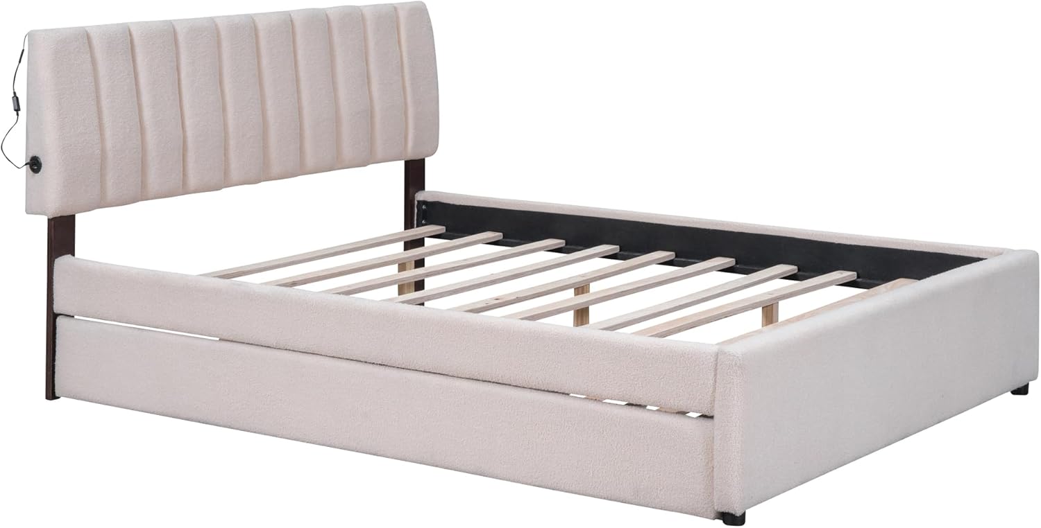 Harper & Bright Designs Queen Platform Bed with Twin Size Trundle and USB Ports, Teddy Fleece Upholstered Queen Bed with LED Light, Modern Queen Bed for Bedroom, No Box Spring Required, Beige