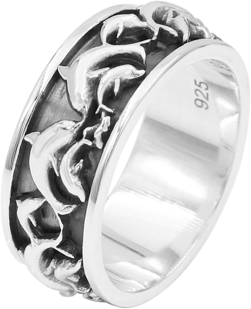 Dolphin Spinner Ring – 925 Sterling Silver Unisex Fidget Ring for Women & Men