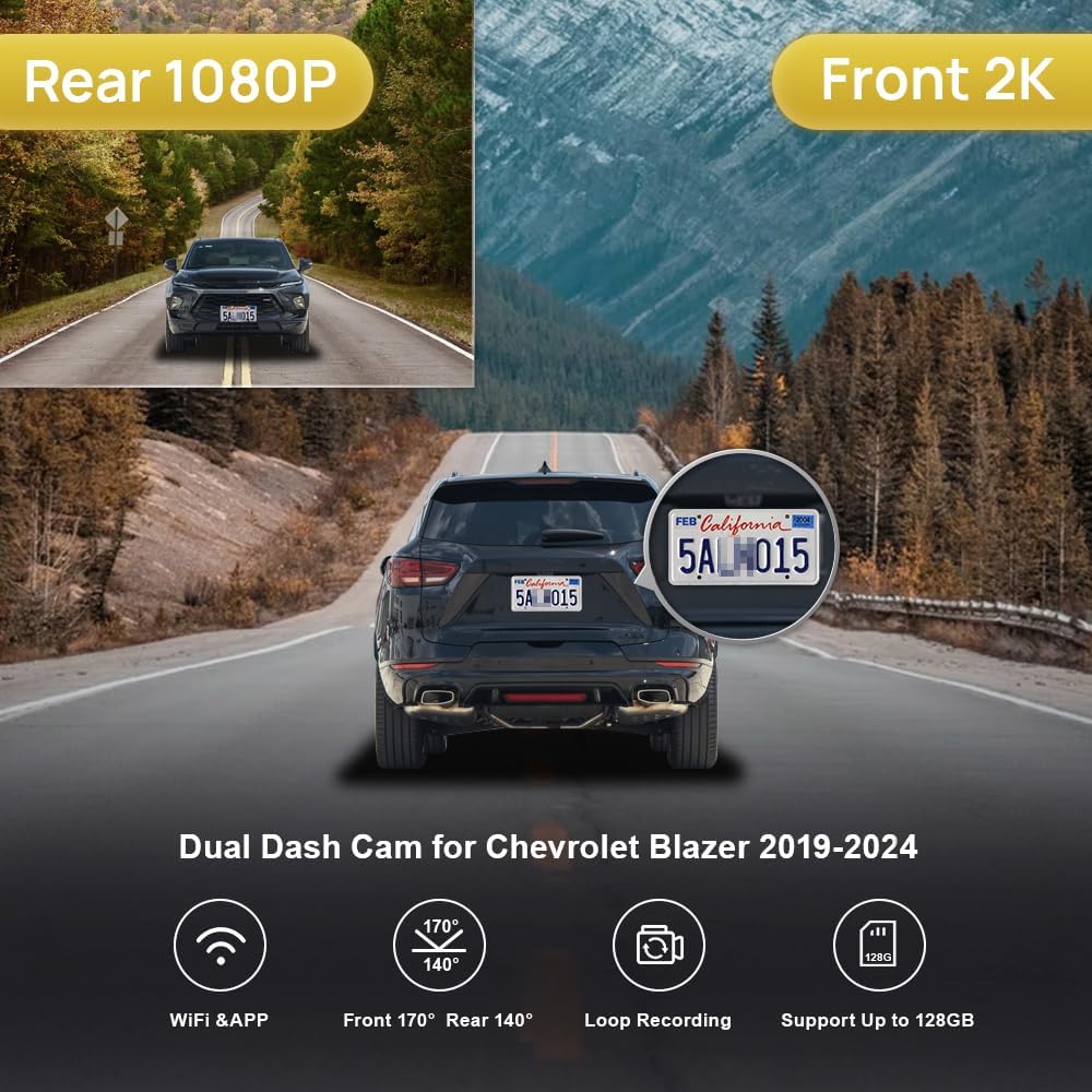 Fitcamx Front 2K+Rear 1080P Dash Cam for 2019-2024 Chevy Blazer & Blazer EV RS LT Premier (HD2-9808, Has Vents), OEM Look, WiFi Connect & APP, Loop Recording, G-Sensor, Easy to Set, 64GB Card