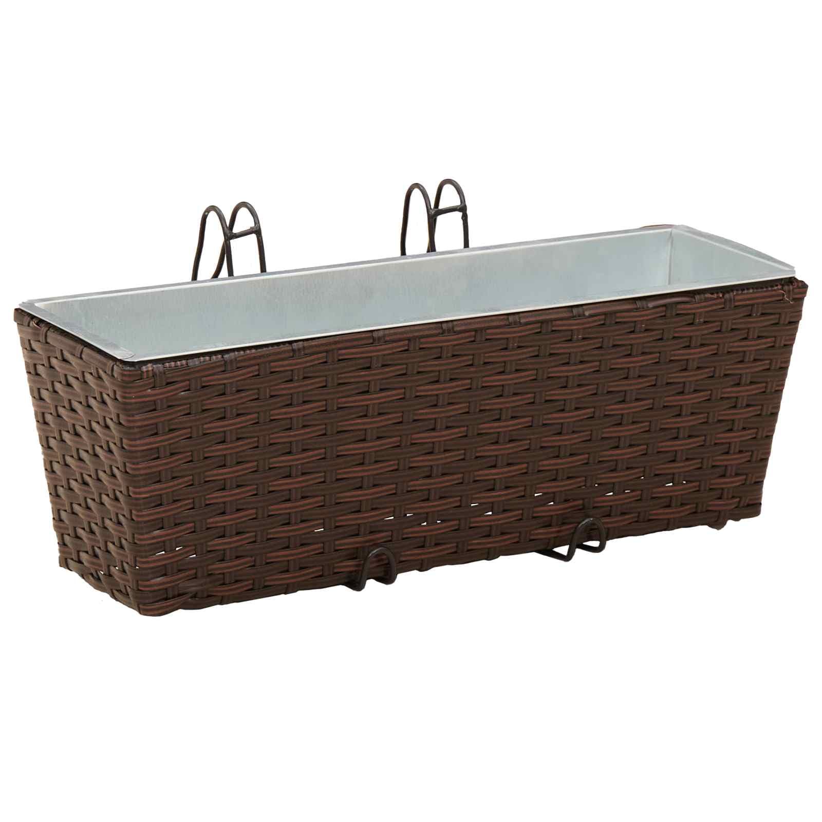 Metalowa donica balkonowa, 50 x 17 x 17 cm, z haczykami, o wyglądzie rattanu, doniczka na taras, do ogrodu, na balkon, odporna na promieniowanie UV, wszechstronne zastosowanie, dekoracyjna